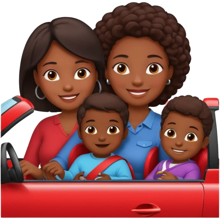 Dark Skin mom with two children, one young boy and a baby girl in a car red emoji