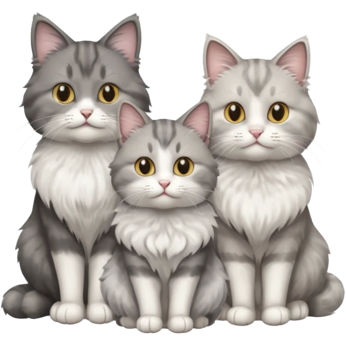 a very fluffy grey and white cat sitting with 2 other cats emoji