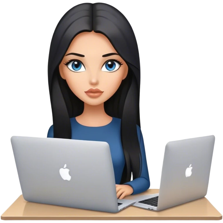 Glamours tanned very beautiful girl with pump peach/beige lips and black straight smooth long hair, blue-grey eyes with MacBook in office emoji