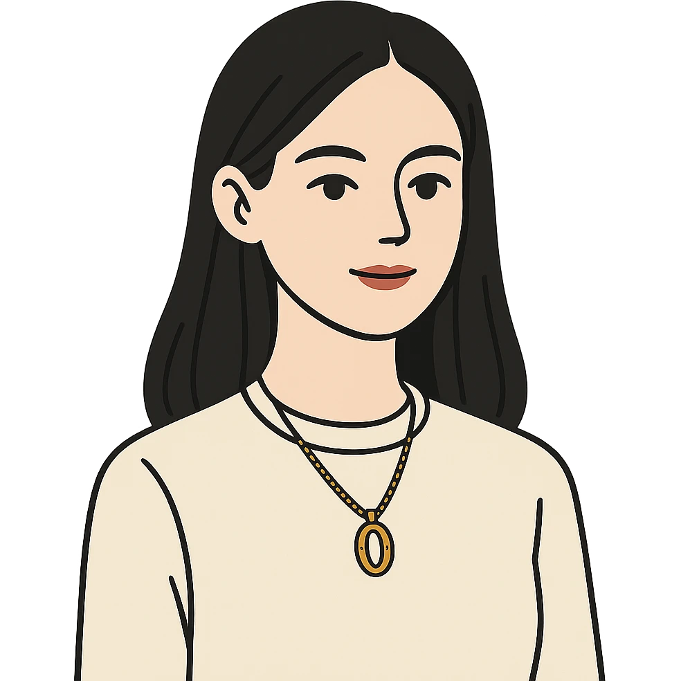 flat toon style college girl with black hair, white skin, wearing a Cartier necklace, old money luxury vibe emoji