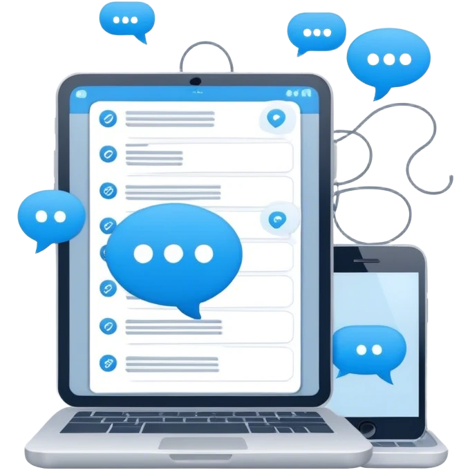 CRM system with icons like a contact book, database, chat bubbles, and interconnected lines. Use a modern, minimalist style with tech colors like blue and gray emoji