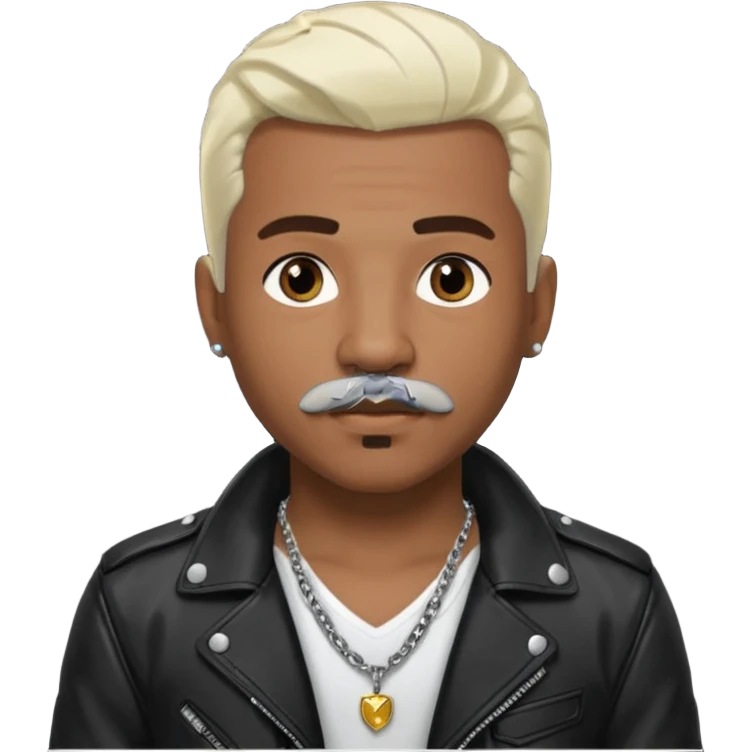 Sisqo, medium dark skin, brown eyes, platinum blonde hair and mustache, black leather jacket with chest and necklace emoji