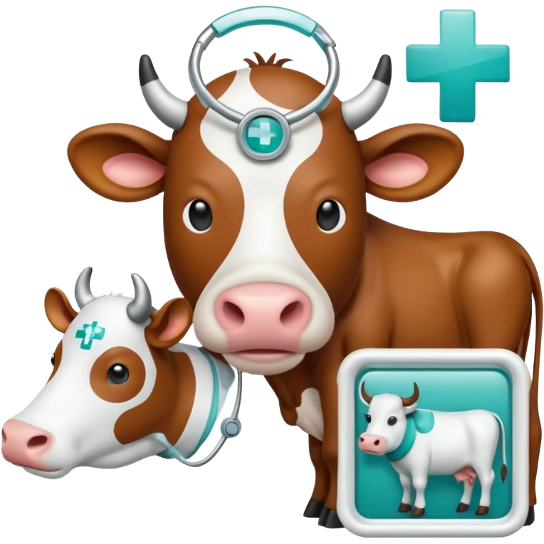 Emoji-style icon of a cow and buffalo with a medical cross and scan frame overlay, representing disease detection and health analysis. Friendly, clean, rounded design, clear at small sizes, teal and white accents, no text, transparent background. emoji
