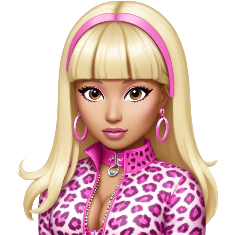 nicki minaj in super bass music video (pink and white leopard print outfit, hair left side blonde and right side pink with bangs) emoji