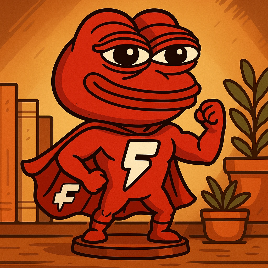 Add the provided Fogo.io logo as a superhero cape on Red Pepe the Frog, striking a power pose. Cartoonish, bold, meme-inspired style with a red color palette, witty and playful, suitable for a Discord sticker. emoji