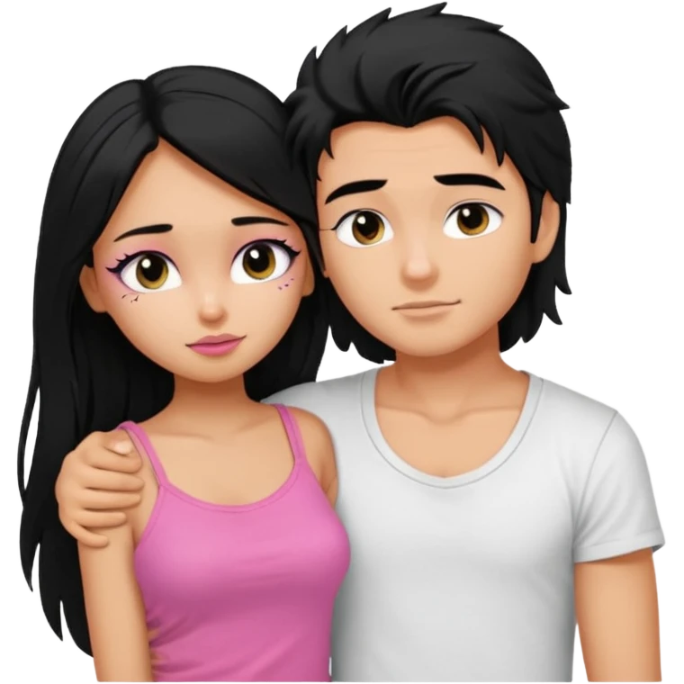 generate a pretty tan bratz boy with messy black hair wearing a white tshirt. Hugging a fair girl with long black hair, eyeliner, wearing a pink cami.  emoji