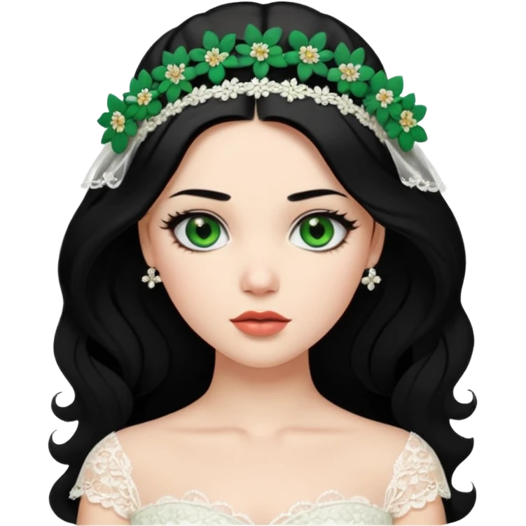 black haired green eyes very plump lips and floral bride headband that makes her hair look behind nicole peltz at wedding emoji