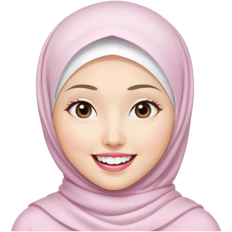 an Asian white woman with a white hijab, her face is small, her lips are pink, her eyes are shining, her face looks happy which shows her white teeth, her eyes are also smiling emoji