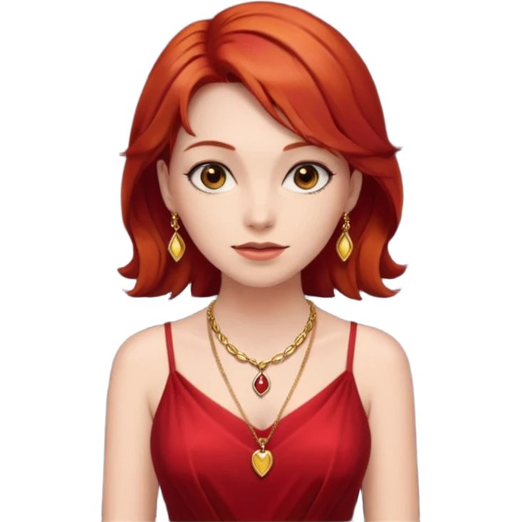 lady in red clothes , red hair, wearing necklace emoji