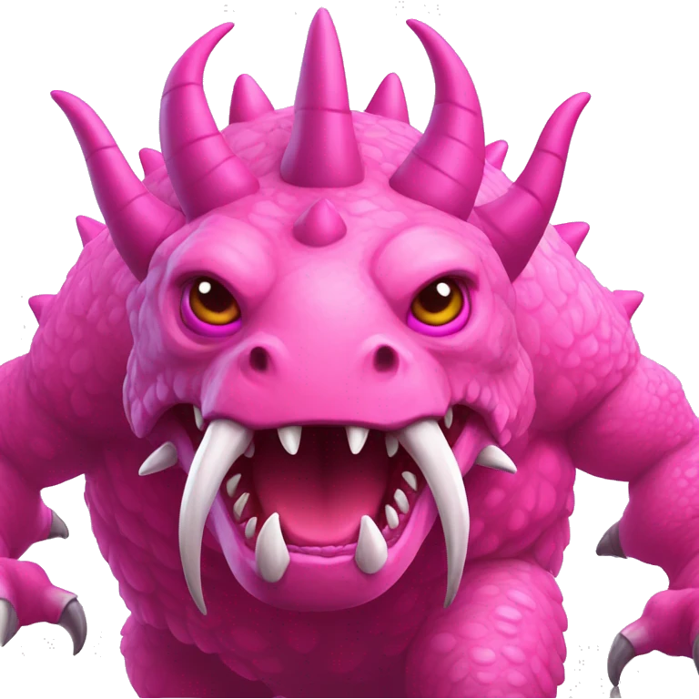 A giant pink kaiju with a long neck, 2 bright pink tusks, horns and 10 spines. He has also 4 full dark pink eyes, dark pink claws and he got 2 spines on its tail.  emoji