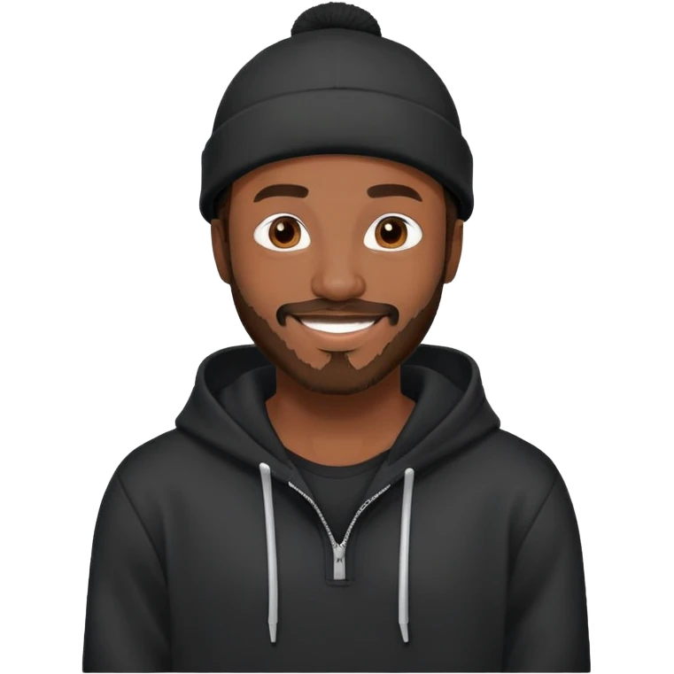 African yound man in his late 20s with a beanie and a bright smile with a full short boxed beard and moutache , and a low cut hair, black hoody emoji