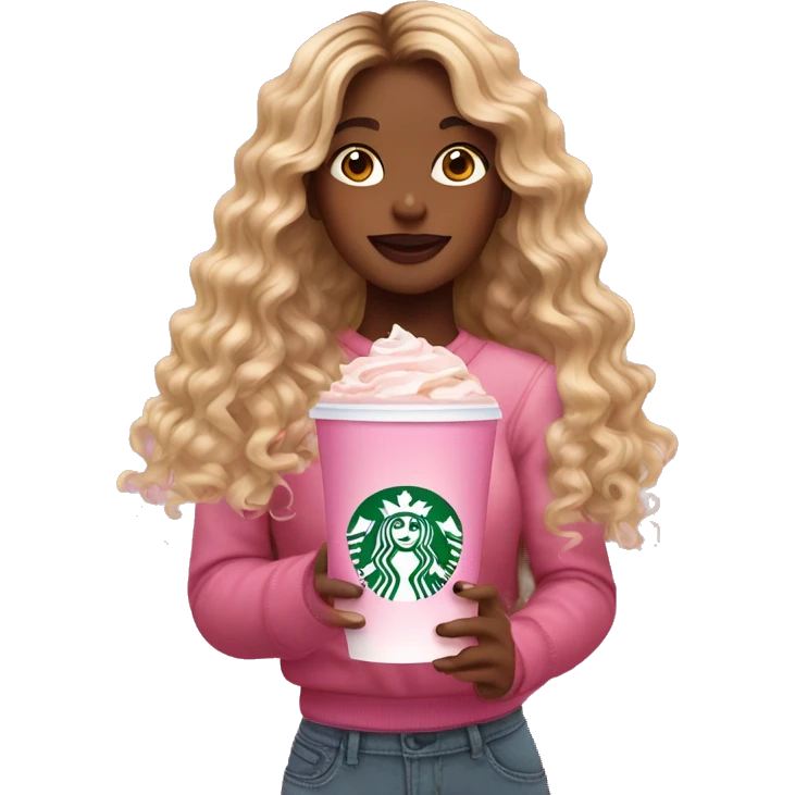 girl with brown and blonde ombré long curly hair holding Pink starbucks refresher emoji