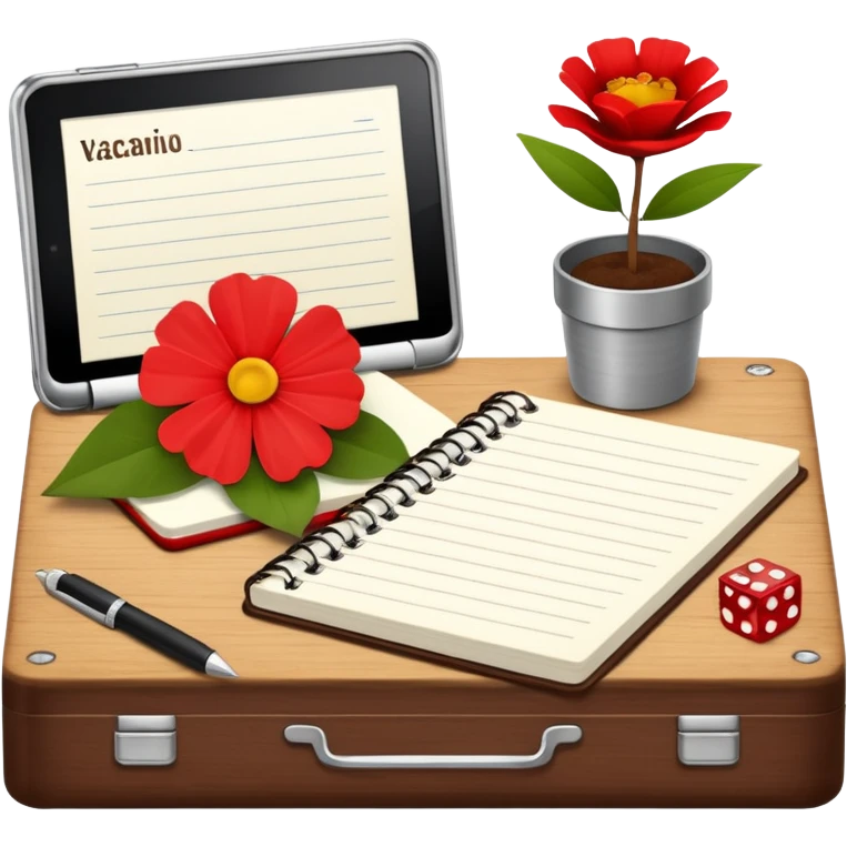 un letrero que diga VACACIONES y detrás un escritorio moderno, con una notebook, una agenda y una planta con una flor emoji