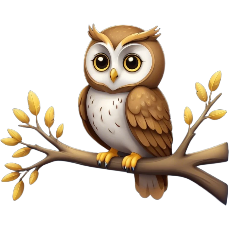 A cute, round owl with big, expressive eyes, perched on a branch under a starry night sky, with soft feathers and a small moon in the background. emoji