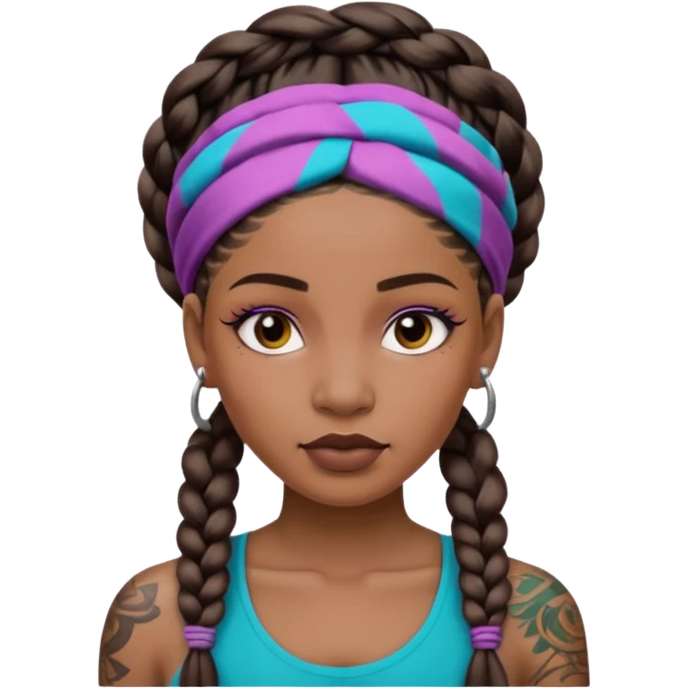 big lose braids starting from the top of the head woman face wiith big visible braids and mono color headband on head  face and braids as big as headband and lots and lots of face tattoos colored tattoos like a tattoo artist hair unique color emoji
