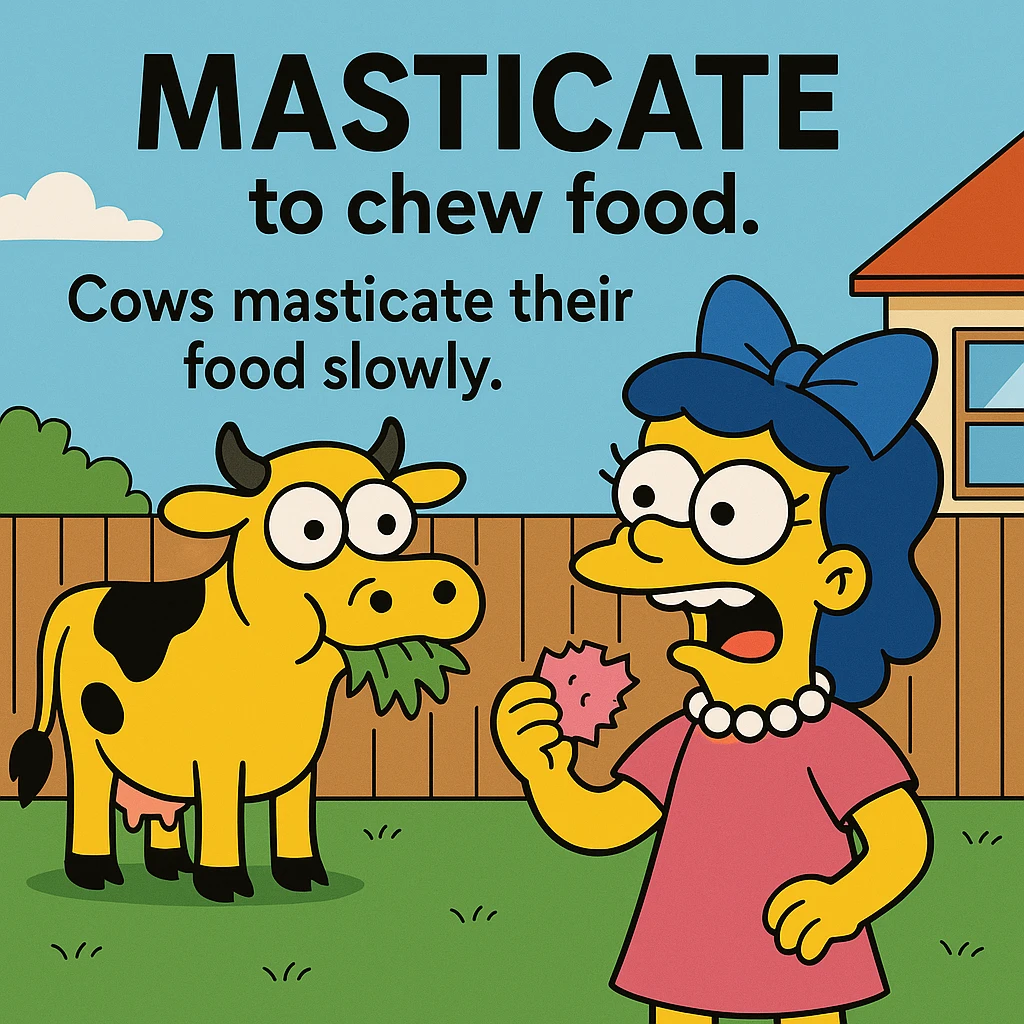 Masticate – to chew food.
Cows masticate their food slowly.
 emoji