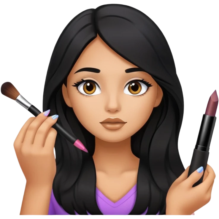 Girly girl young, cute girl, tanned long black hair, putting on makeup emoji