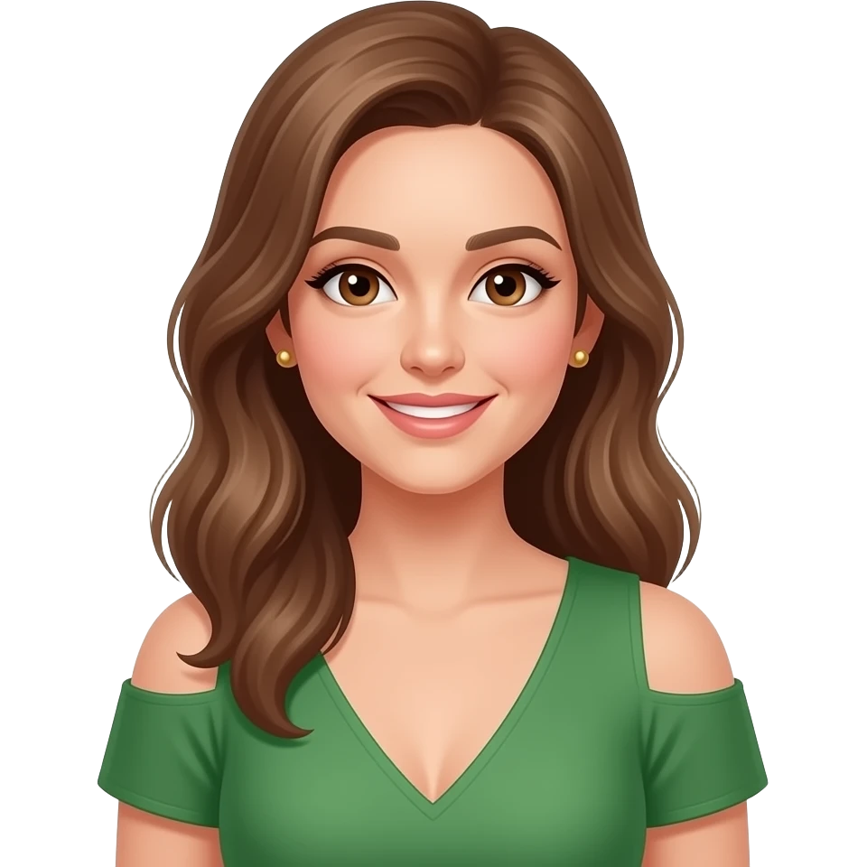 beauty, woman, gold stud earrings, brown eyes, green v dress with shoulders, smiling, light brown hair, hairstyle emoji