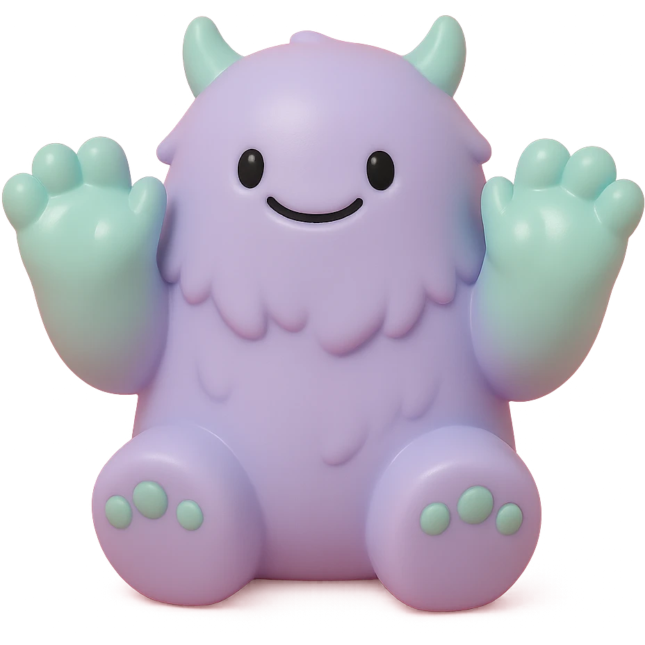 fluffy monster with oversized paws, smiling, soft lavender and mint green colors emoji
