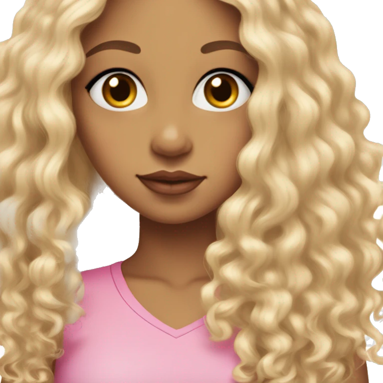 biracial girl with curly blonde long hair, full pink lips, small nose, almond shpaed brown eyes and a pink shirt emoji