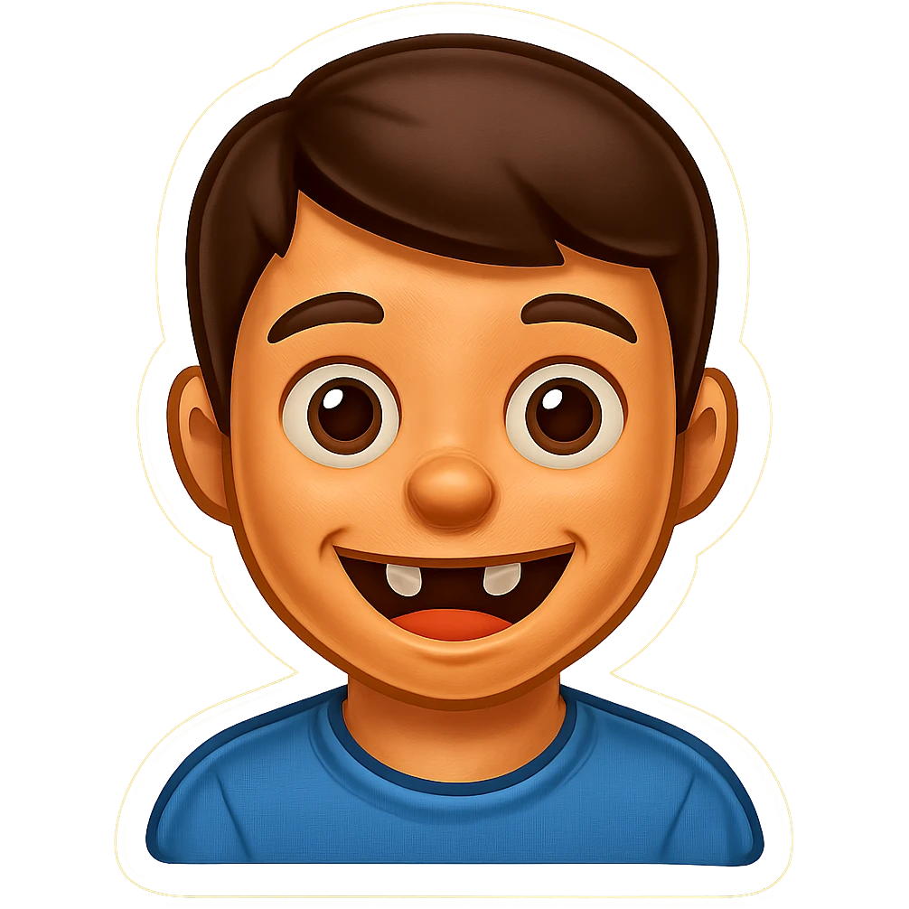 Edit the emoji to have a wide smile with two missing teeth, keeping the same retro stickers style and no background. emoji