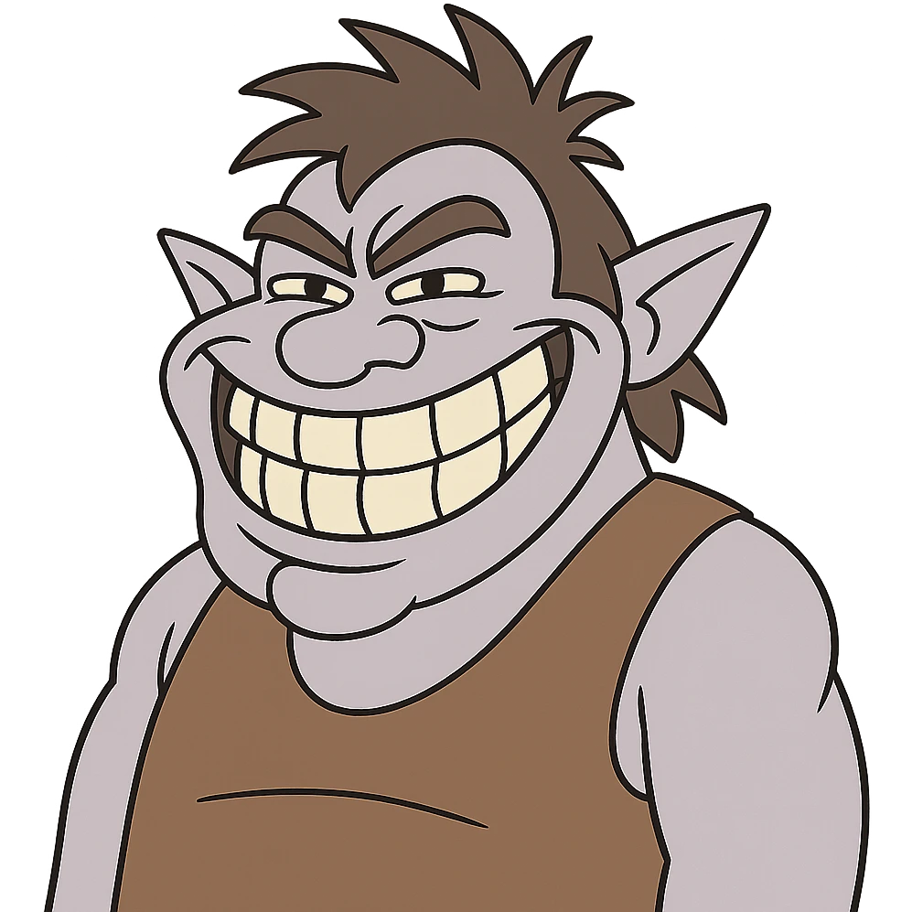 troll face, cartoon style, exaggerated grin, bold lines emoji