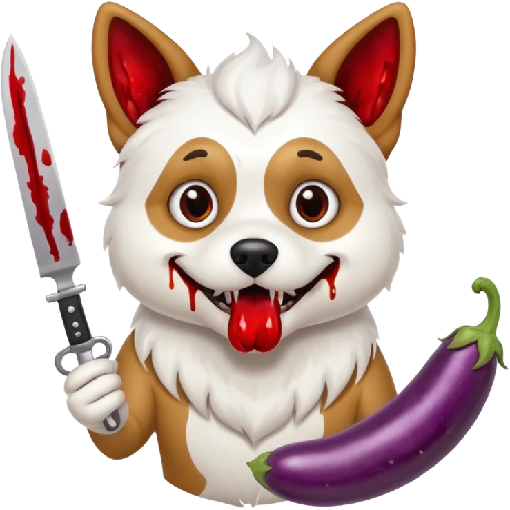 cartoon dog with manic eyes gripping blood-stained knife and eggplant in mouth emoji