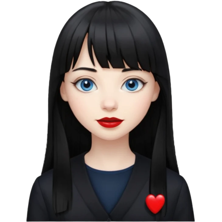 20 yr old woman long straight black hair, pale skin, blue eyes, red lipstick, black clothes, small smile, bangs emoji