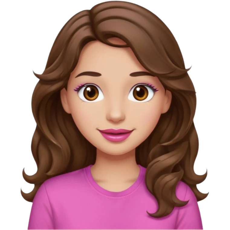 girl with long wavy brown hair, brown eyes, light to medium complexion, in a pink shirt, pink lips, long lashes, puckered lips, hallelujah emoji