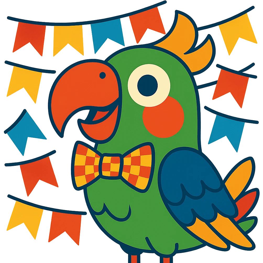 parrot with checkered bow tie and festa junina flags, fun theme emoji