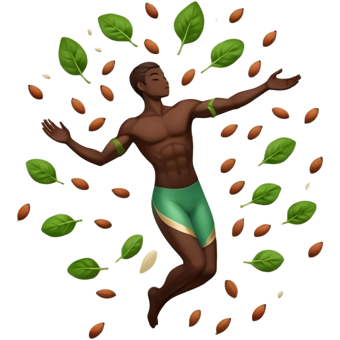 Spinach leaves, almonds, dark chocolate, and seeds floating around a relaxed body silhouette. Light beams flowing from these foods to the body's muscles and nervous system, creating a soothing, calming effect visualized as a gentle glow throughout the body. emoji