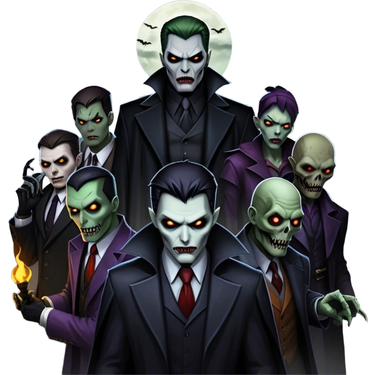 Icon for Thriller Movies: A large, dramatic collage featuring sinister villains and zombies in dark clothing. The background shows the gloomy cityscape of Gotham with dim lighting and eerie shadows. The atmosphere should be tense, mysterious, and suspenseful. Transparent background. emoji