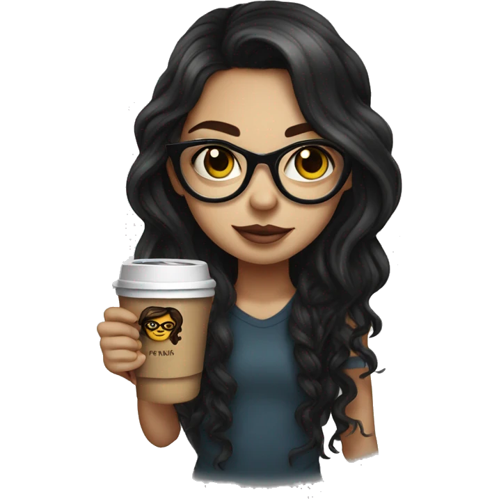 girl with long coffe brown hair, black eyes and glasses. tattoo and medusa piercing. emoji