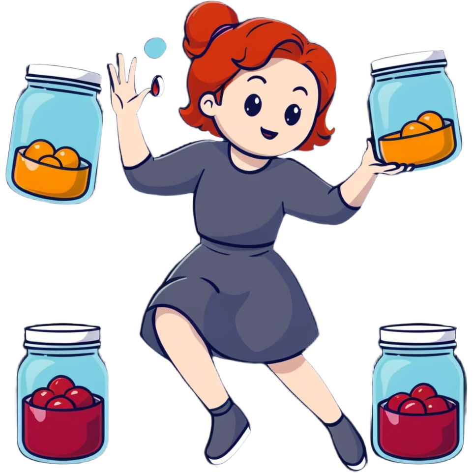 redhead woman juggling with 3 glass jars with jam emoji