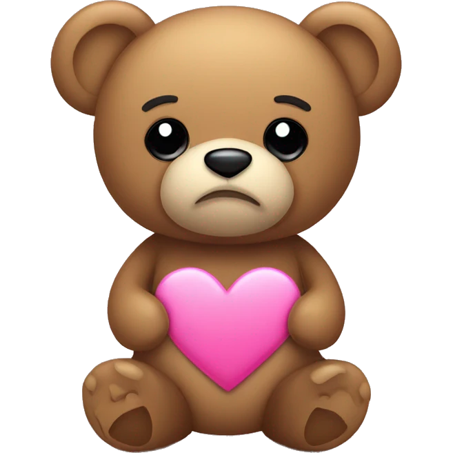 Teddy bear with sad eyes holding a pink heart emoji