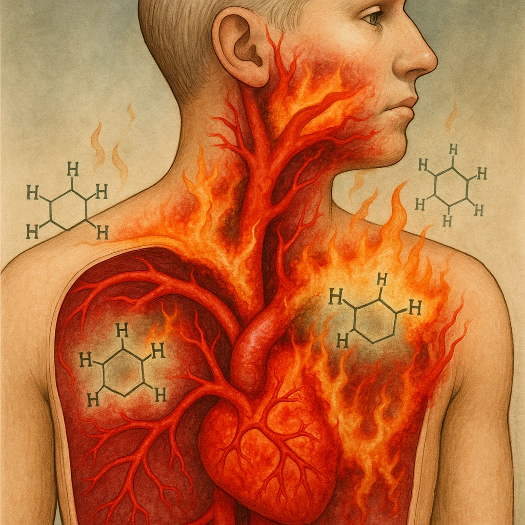 surreal medical illustration of a cross-section of a human body with arteries crossed by oxidized omega-6 fatty acids resembling flames or acid, inflaming tissues; hexane molecules as chemical specters; healthy-looking exterior but bright red and inflamed interior emoji