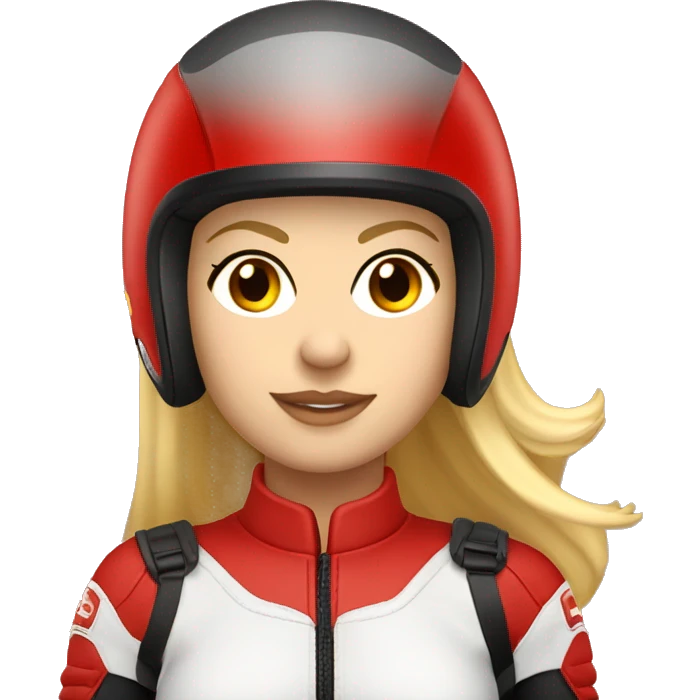 Mujer rubia en moto roja con casco rojo emoji