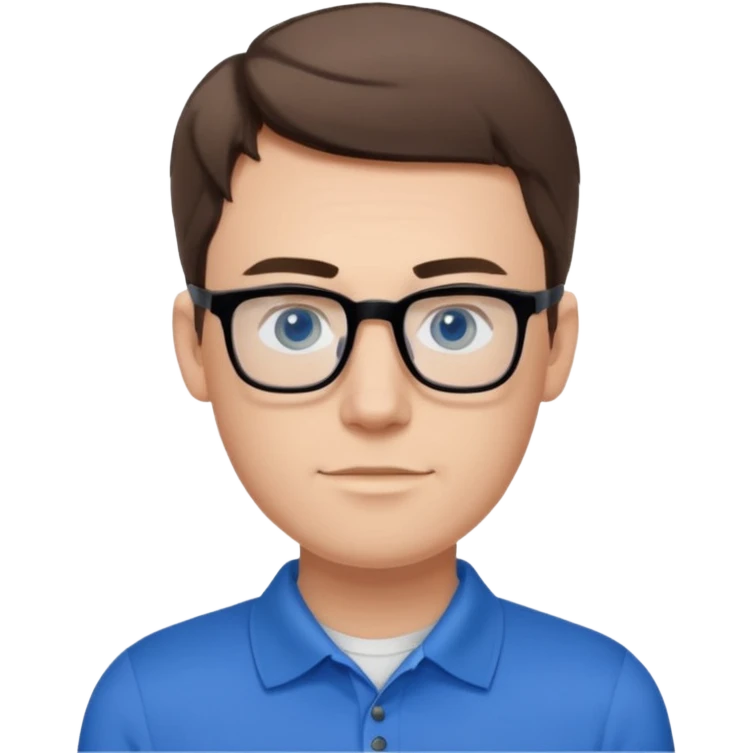 Scott The WozYoung white man, late 20s, short brown hair, blue eyes, clean-shaven, thin black rectangular glasses, slim build, wearing a blue polo shirt, friendly and energetic look. emoji