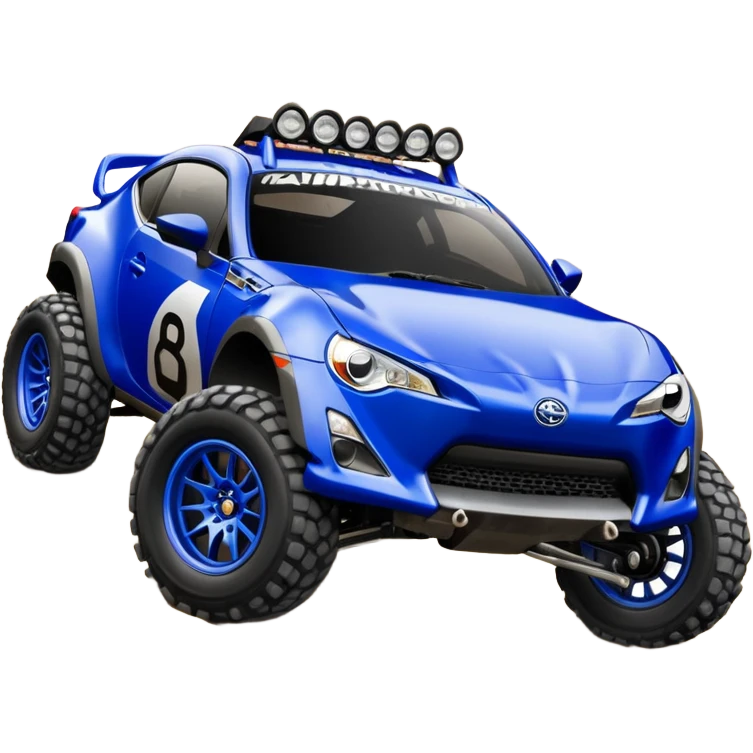 LCG Armored Dirty raced redneck jacked 2013 scion fr-s ultramarine off road 4wd monster Baja dessert stadium rock racer number 86 with long travel suspension, shiny silver wheels, exaggerated wide black fender flares  emoji