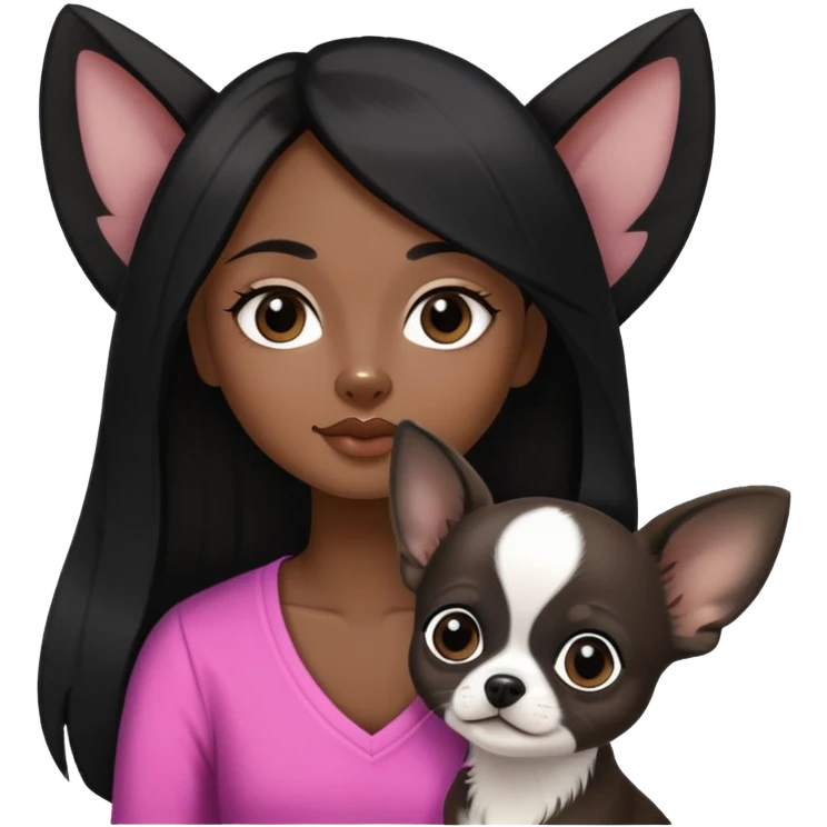 Thai woman with long straight black hair next to a small black and white Chihuahua puppy emoji