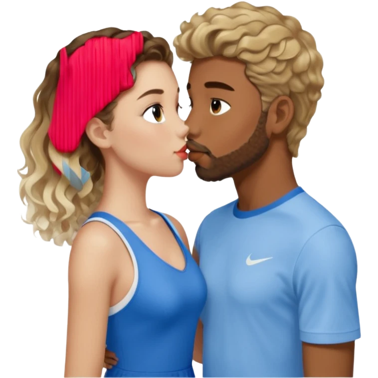 A girl with very long  balayage brown & blond curls kissing a boy with brown short hair and a very short beard. She wears an elegant ress white and he wears a blue sports shirt from nike emoji