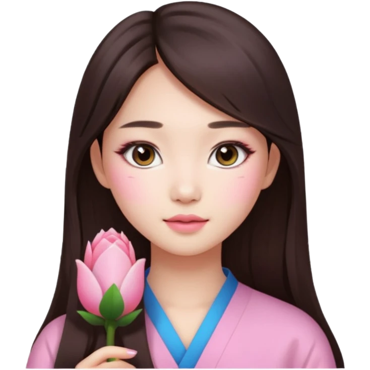 Asian girl with long brunette hair, white skin, makeup pink natural  emoji