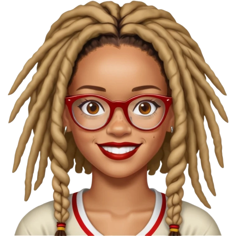 Rihanna with freckles and soccer mom dreadlocks island red and white jersey and cateye eyeglasses beautiful smile emoji