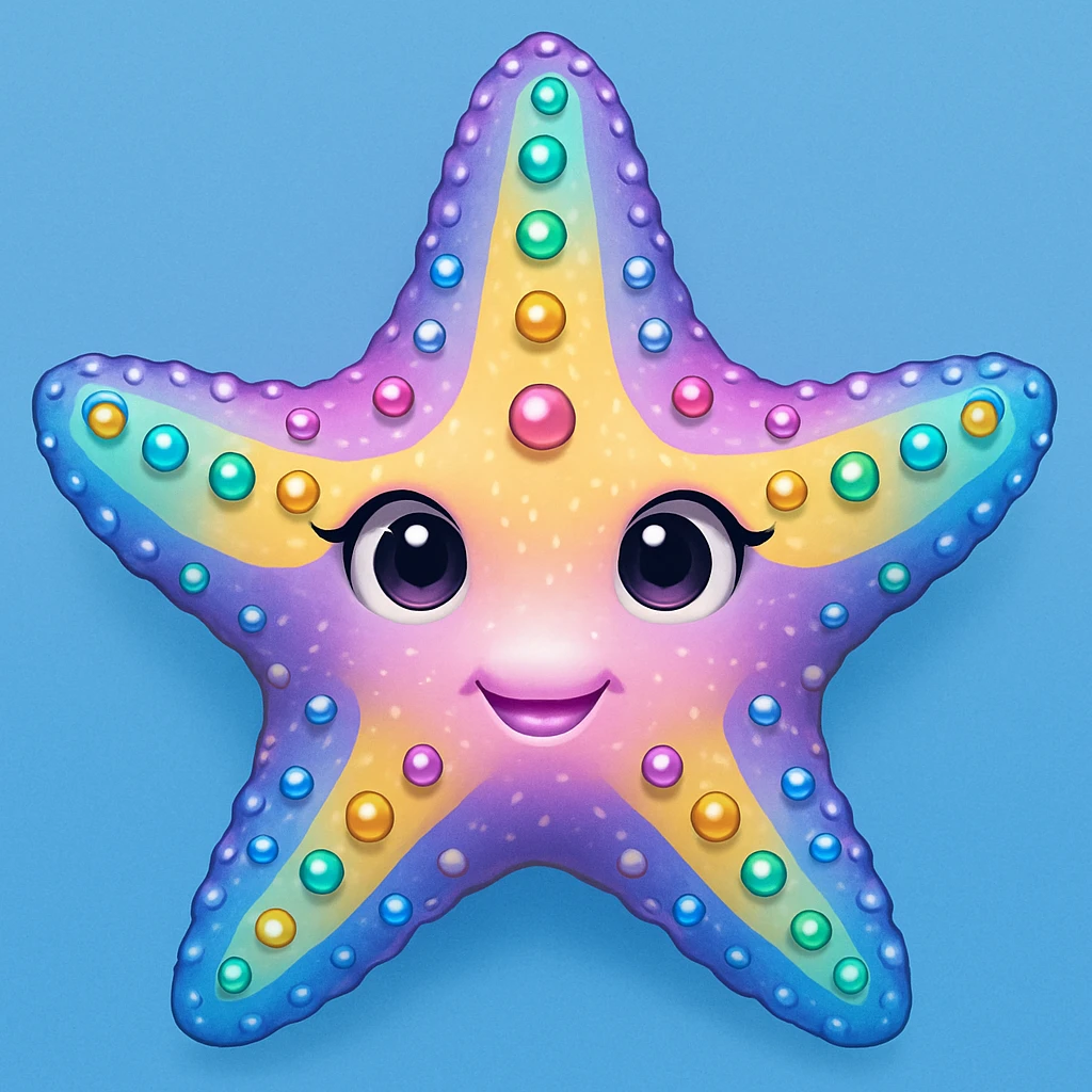 Add a soft blue background behind the apple emoji style rainbow pastel sea star with gems, keep the emoji style and all details. The style should resemble the original apple emoji style with rainbow pastel colors and gem details. emoji