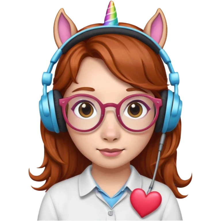 headphone wearing unicorn with dark ginger hair and heart shaped spectacles emoji