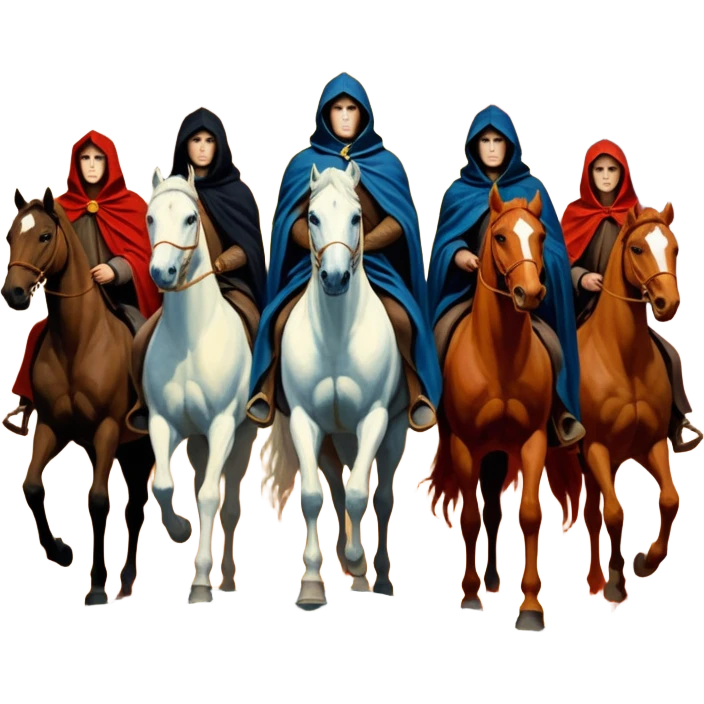 cinematic ultra HD, mysterios style, oil paint - The Four Horsemen of the Apocalypse in the artistic style of Arnold Boecklin emoji