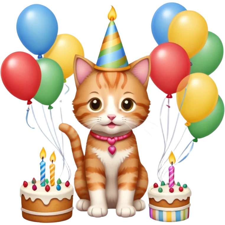 Ginger tabby kitten celebrates birthday, birthday hat, birthday cake, one candle, balloons, happy, gifts emoji