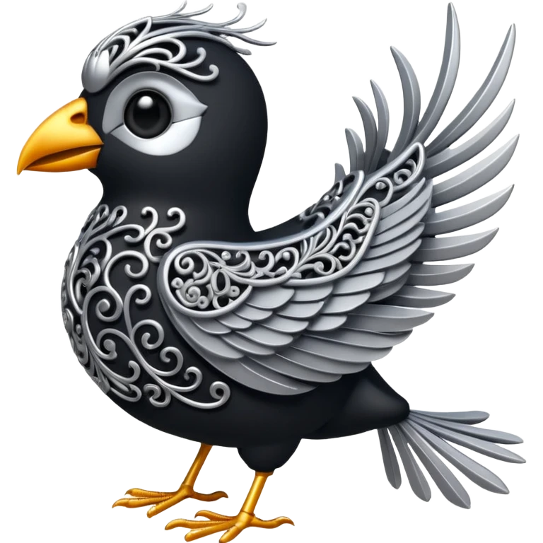 Black and silver filigree bird, 3D, extremely detailed design emoji