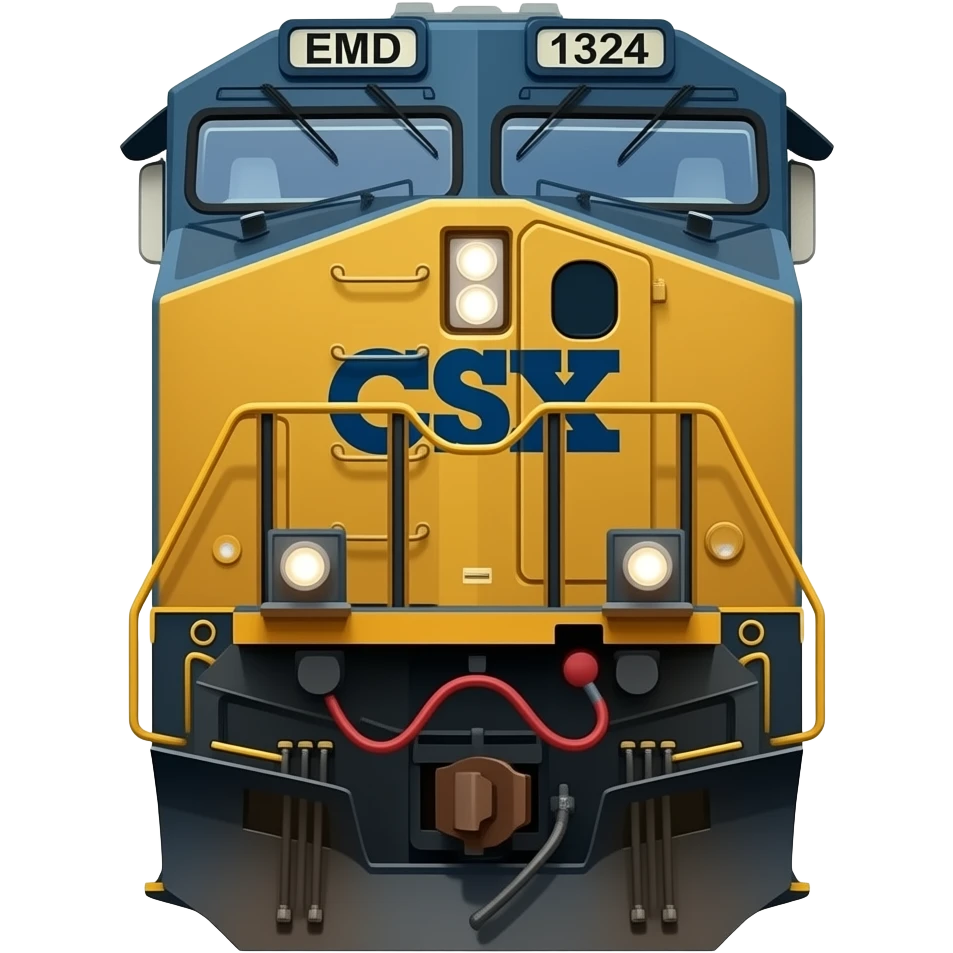 American made, EMD train engine, locomotive engine, front view, CSX, cartoon style of a realistic picture emoji