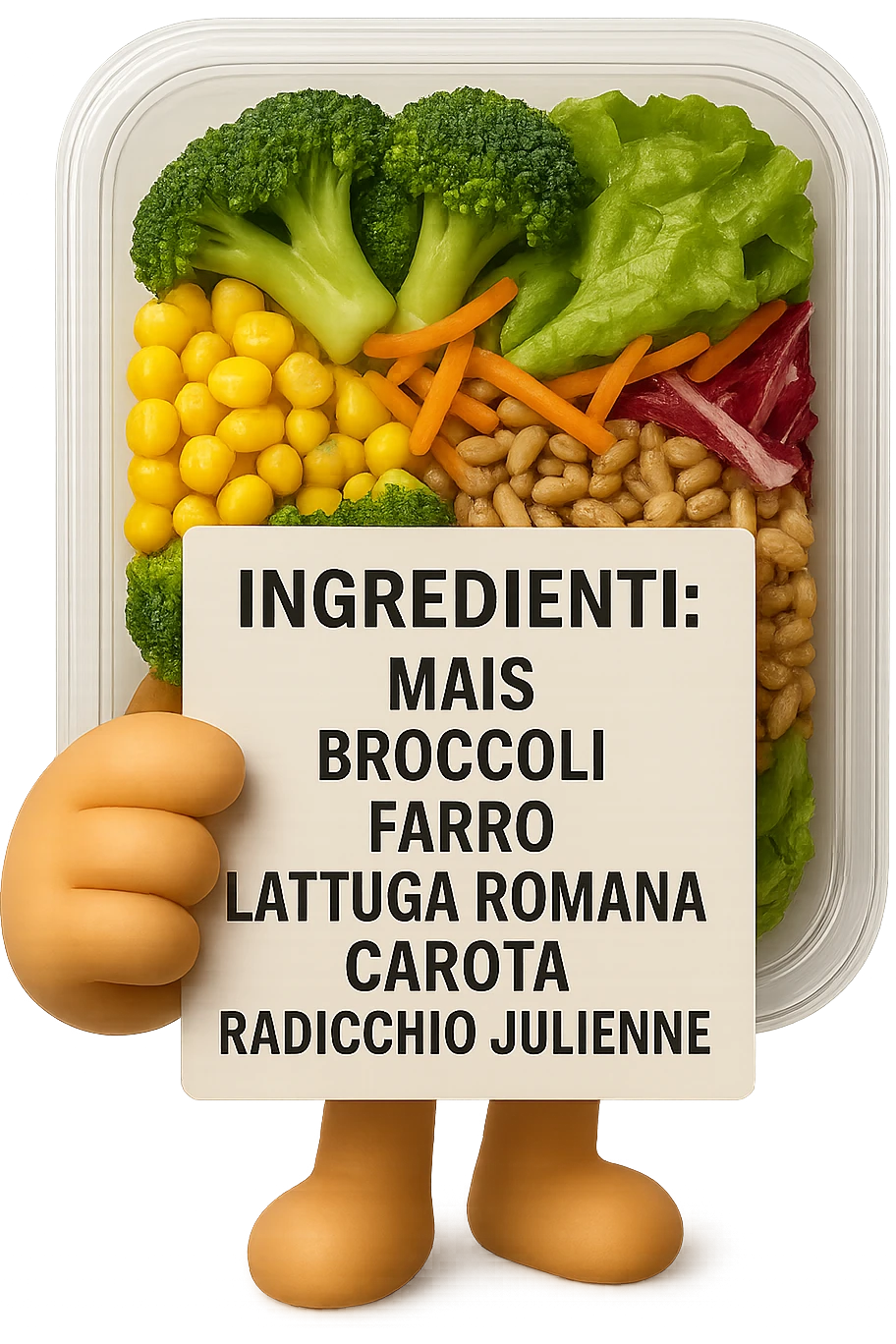 SU QUESTO STILE FAI UN EMOJI STILE IPHONE 3D DI UN INSALATA PRECONFEZIONATA DA SUPERMERCATO CON FOCUS SU ETICHETTA NUTRIZIONALE CON GLI INGREDIENTI IN ITALIANO TIPO: MAIS, BROCCOLI, FARRO, ACCANTO ALL'INSALATA CHE HA IN MANO C'è UN FOCUS SULL'ETICHETTA CON GLI INGREDIENTI SCRITTI, FALLO MOLTO REALISTICO IN 3D emoji